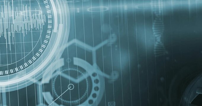 Building bio HUD on clear canvas, showing DNA helix, waveform ring, caduceus, copy space