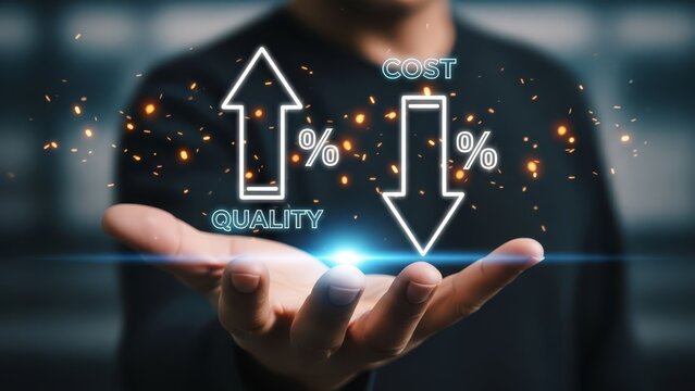 Person holds glowing icons representing increased quality and decreased cost for optimization.