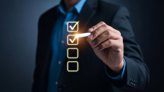 Person in a suit uses a pen to virtually check off boxes on an illuminated digital checklist.