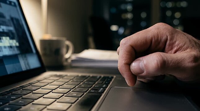 Close-up of tired finger hovering over laptop send button at night