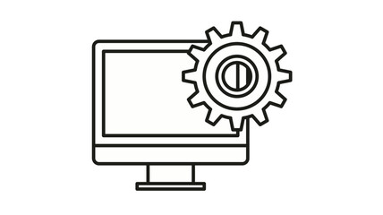 Black line vector icon of a desktop computer monitor with a cogwheel gear, symbolizing system configuration, technical support, software engineering, digital automation, and IT maintenance. © Pam