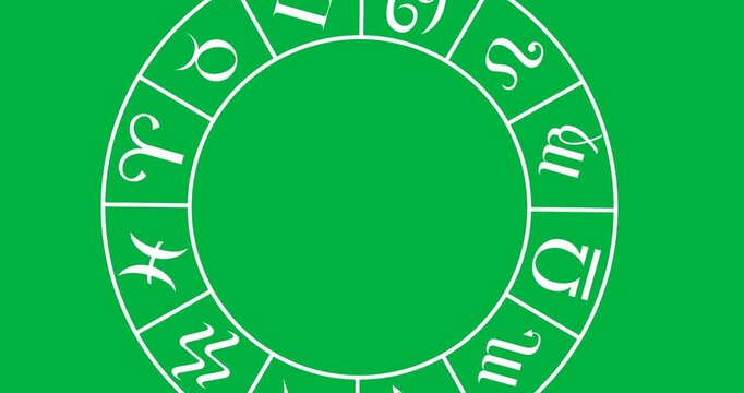 Zodiac wheel starting on load rotating clockwise showing shifting glyphs on transparent canvas
