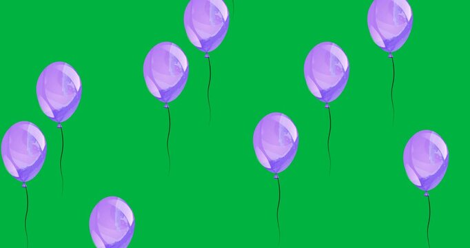 Digital animation of multiple purple round balloons floating against black background