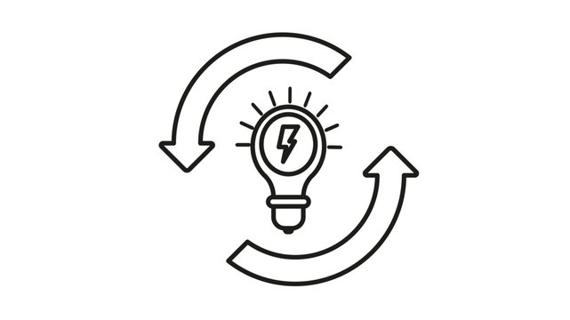 Renewable Energy Vector Icon: Black Line Illustration of a Light Bulb with Lightning Bolt Symbol Encircled by Rotating Arrows, Representing Sustainable Power, Efficiency, and Innovation Cycle