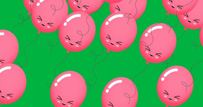 Digital animation of multiple pink balloons floating against black background
