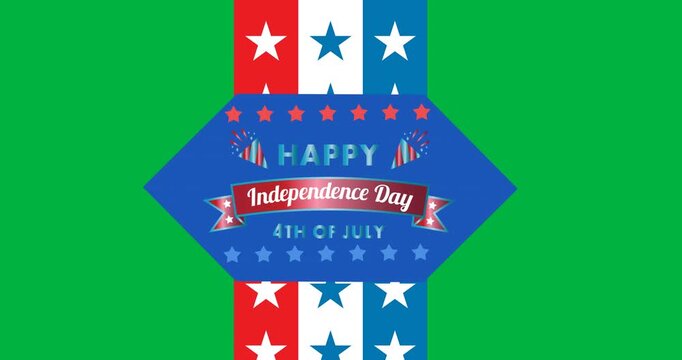 Digital animation of independence day text banner over stars on stripe pattern on black background