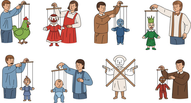 Puppet Show Illustration Set with Puppeteers, Puppets, and Marionettes for Entertainment, Theater, and Art Designs