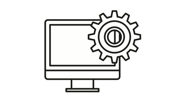 Black line vector icon of a desktop computer monitor with a cogwheel gear, symbolizing system configuration, technical support, software engineering, digital automation, and IT maintenance.