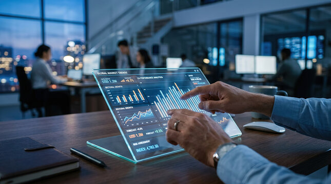 Business professionals review global market trends using technology in an office at night with screens and data charts visible