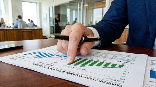Business meeting in an office with financial reports and charts being reviewed by a person holding a pen