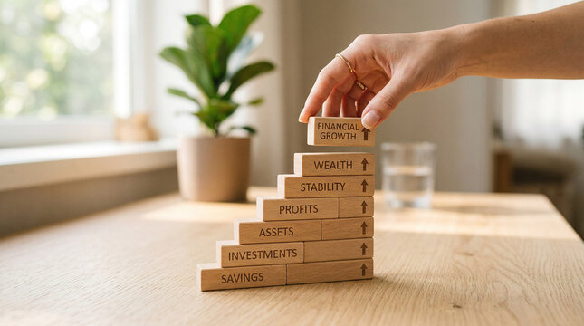 Building blocks show financial growth, wealth, stability, and savings on a wooden table with a plant nearby