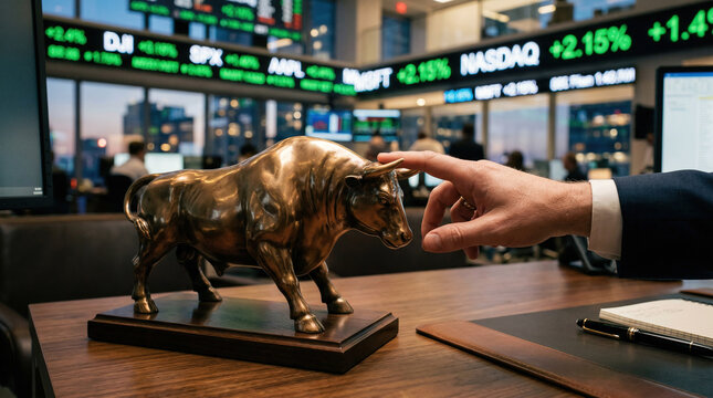 Bull statue in stock market office with trading screens showing numbers and trends in the background during business hours