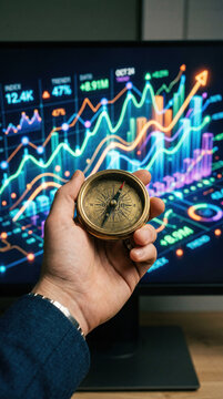 Business person holds a compass in hand while looking at data graphs on the screen in an office setting
