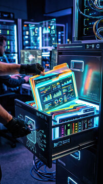 Futuristic data center with glowing storage units in action during a tech operation at night