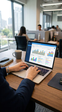 Business meeting takes place at office with people working in background and person using laptop for data analysis
