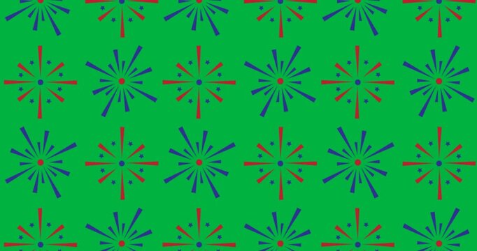 Digital animation of multiple fireworks icons moving against black background