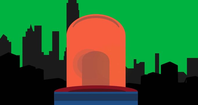 Happy labor text banner over flashing siren against cityscape on black background