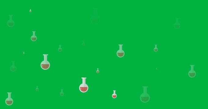 Digital animation of multiple chemistry flask icons against black background