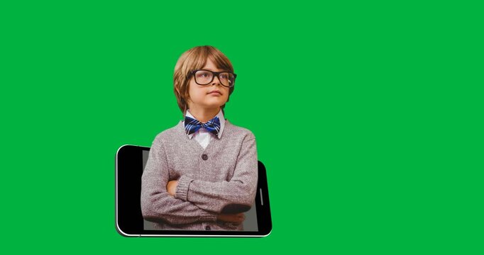 Caucasian school boy over smartphone icons against black background