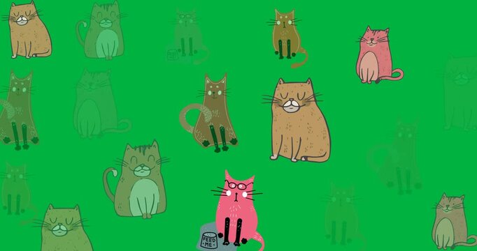 Digital animation of multiple colorful cat icons against black background