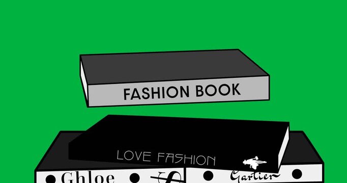 Female shoes over stack of fashion books and magazines falling against black background