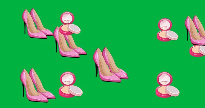 Digital animation of multiple female shoes and foundation icons floating against black background
