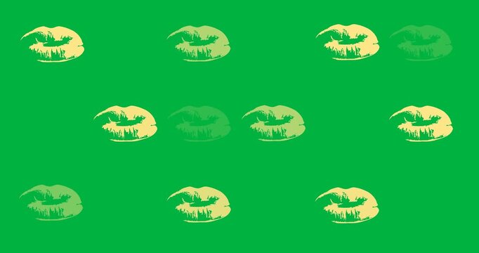 Digital animation of multiple yellow lips icons against black background