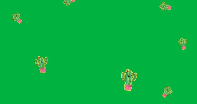 Digital animation of multiple cactus plant icons falling against black background