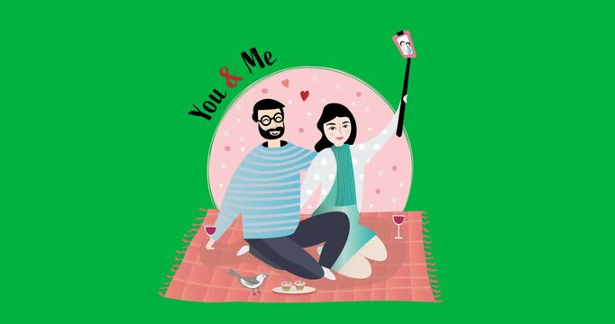 Digital animation of couple taking a selfie icon against black background