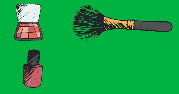 Digital animation of multiple makeup equipment icons against black background