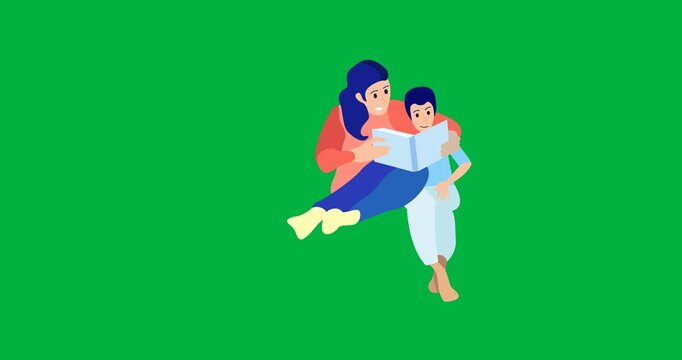 Digital animation of mother reading a book to her son icon against black background