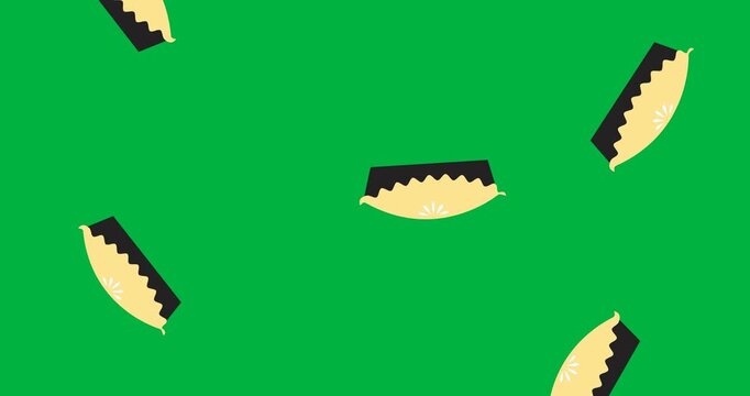 Digital animation of multiple pie icons falling against black background