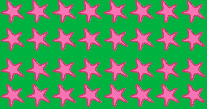 Digital animation of multiple pink starfish icons in seamless pattern against black background