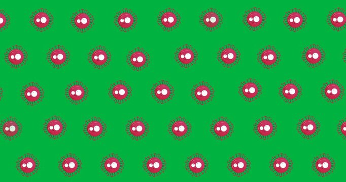 Digital animation of multiple red covid-19 cell icons in seamless pattern on black background