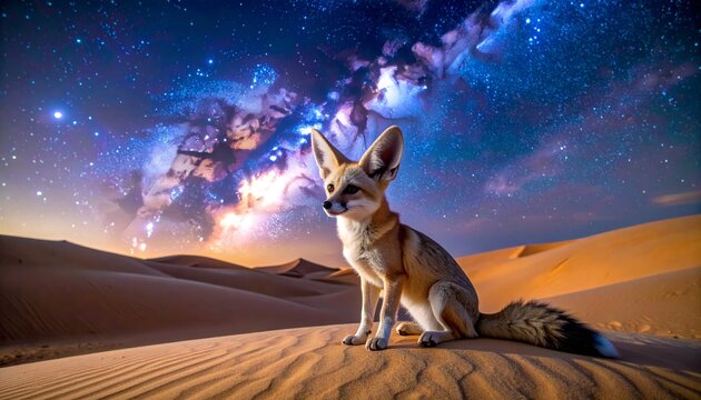 Fennec Fox Gazing at the Starry Night Sky in the Desert.