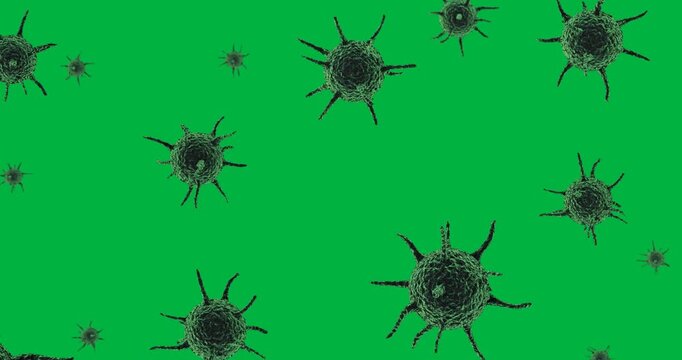 Digital animation of multiple green covid-19 cell icons in seamless pattern on black background