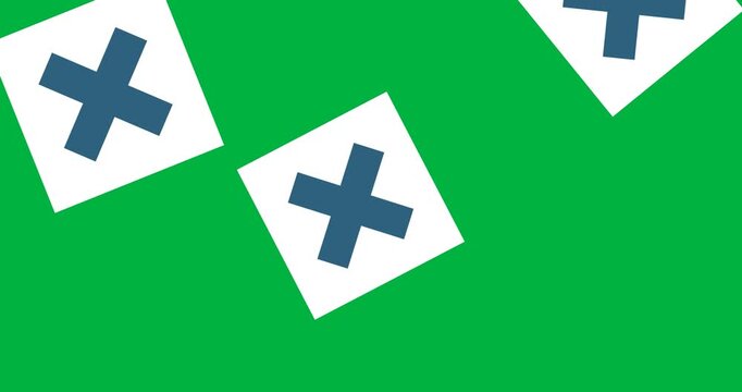 Digital animation of medical symbol icons on squared banner falling against black background