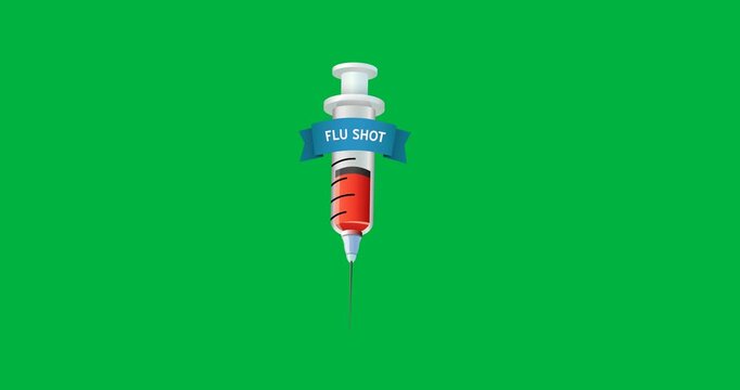 Digital animation of flu shot text banner with syringe icon against black background