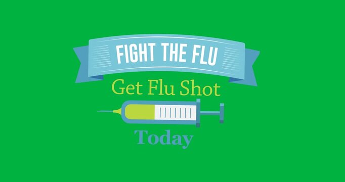 Digital animation of get your flu shot text banner with syringe icon against black background