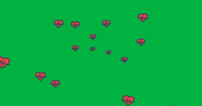 Digital animation of multiple cardio heart icons floating against black background