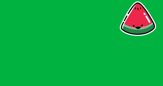Digital animation of multiple watermelon slice icons falling against black background