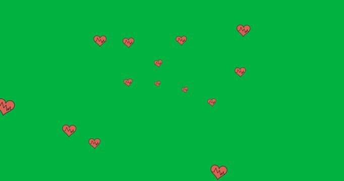 Digital animation of multiple cardio heart icons floating against black background