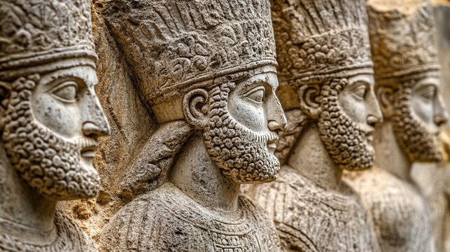 persepolis. A detailed close-up of a stone relief from Persepolis depicting a procession of tribute bearers. event programs, museum guides, designed for cultural heritage projects and event programs.