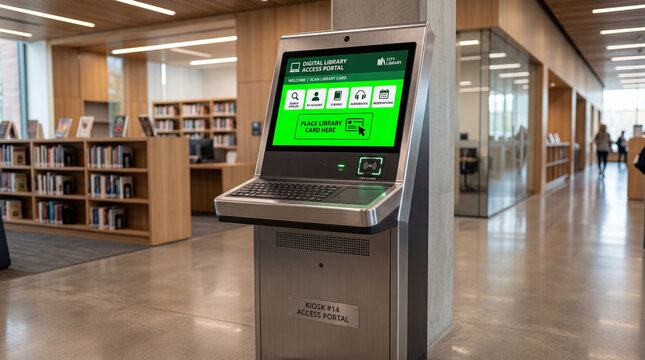 Digital library access portal inside a modern university library building for self-service information and book borrowing