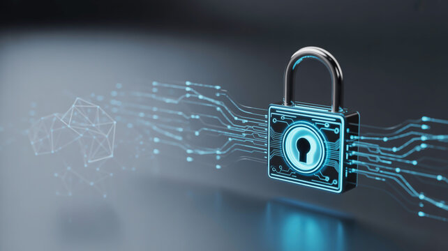 Glowing blue padlock with circuit lines and geometric shapes security