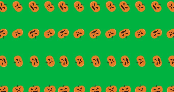 Halloween digital art features scary icons and pumpkins on a black background.