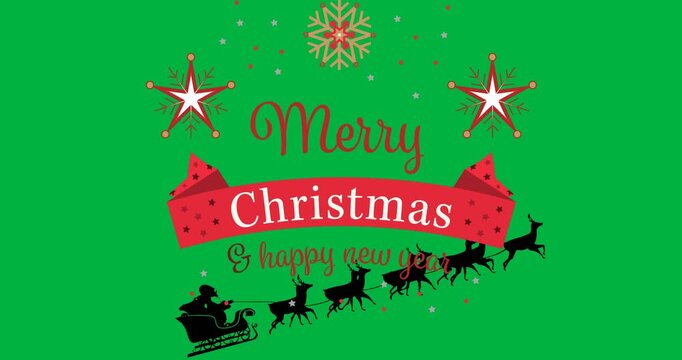 Merry christmas and happy new year text banner with snowflakes icons against black background