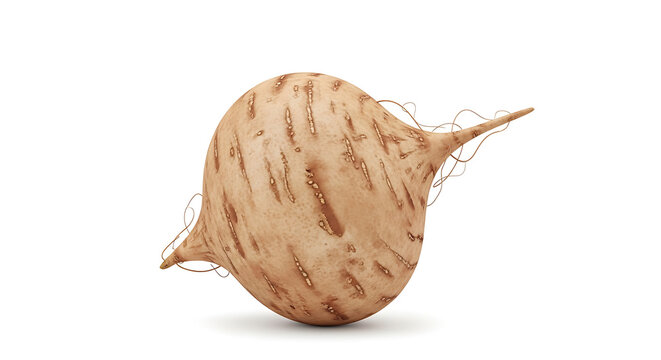 Isolated jicama root vegetable with textured skin and pointed ends on a clean white background, healthy ingredient for cooking
