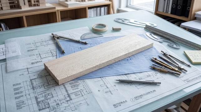 Wooden plank and drafting tools on architectural blueprints for construction planning