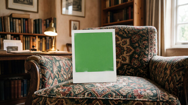 Antique Armchair with Green Screen Instant Frame in Cozy Library Background for Creative Mockup